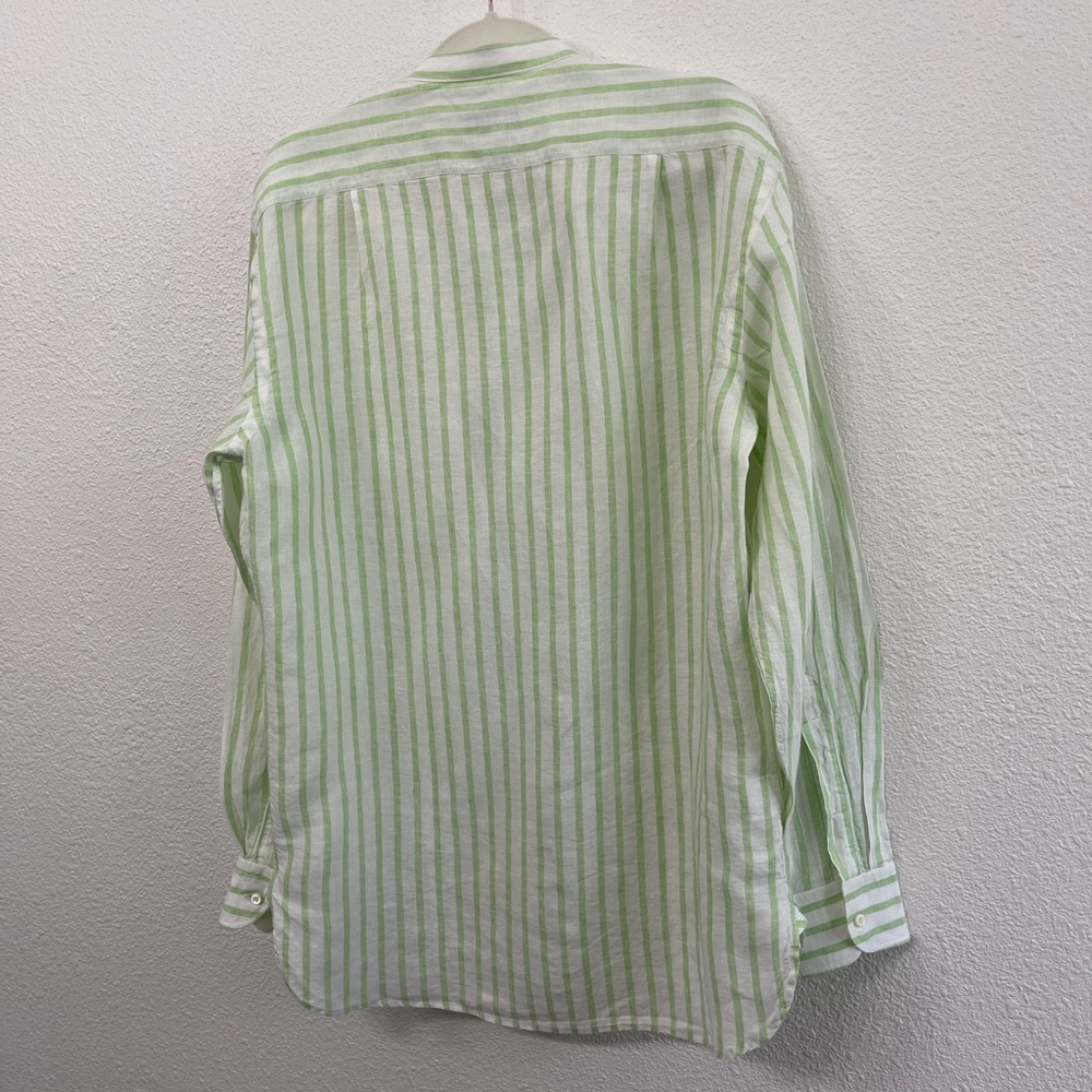 Azzurro Portofino by Guy Rover Linen Green Striped Men's Shirt Size Large - Picture 5 of 6